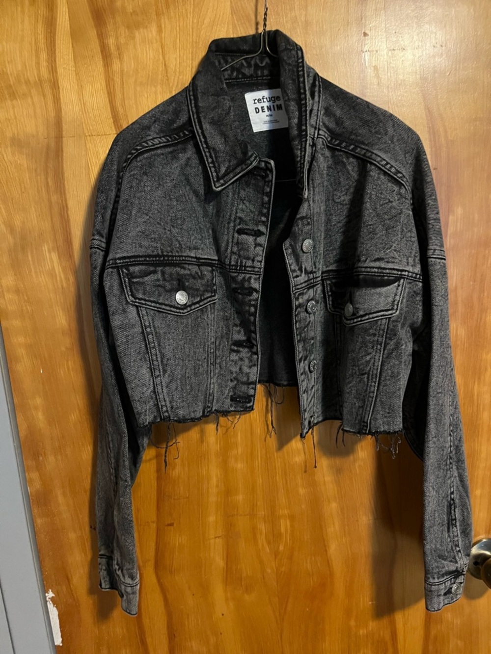 Refuge Denim Cropped Black Acid-Wash Denim Jacket